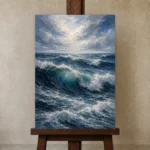 Deep Blue Rolling Ocean Wall Art Canvas Print displayed on a studio easel