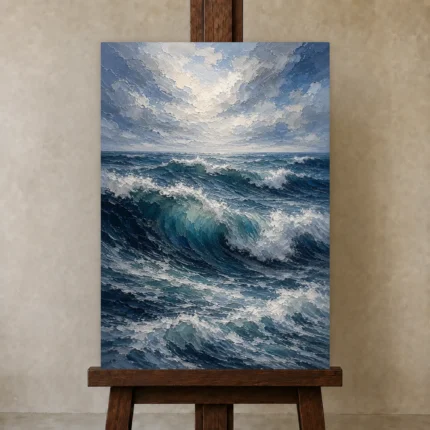 Deep Blue Rolling Ocean Wall Art Canvas Print shown in Studio Easel