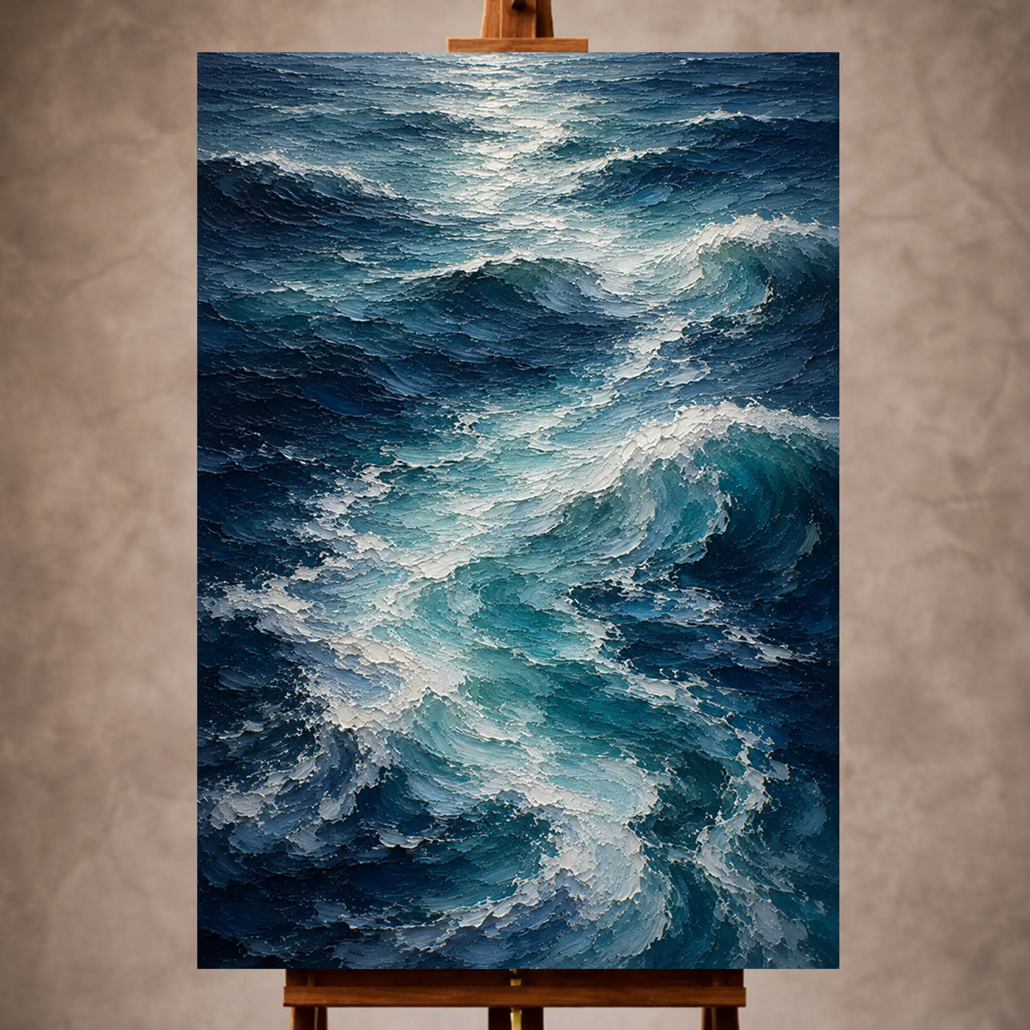 Premium Wall Art Dikey Html Edition – SEAWALL022 Image 1 Serene blue Ocean Wall Art print featuring flowing ocean currents with layered translucent waves for elegant interiors
