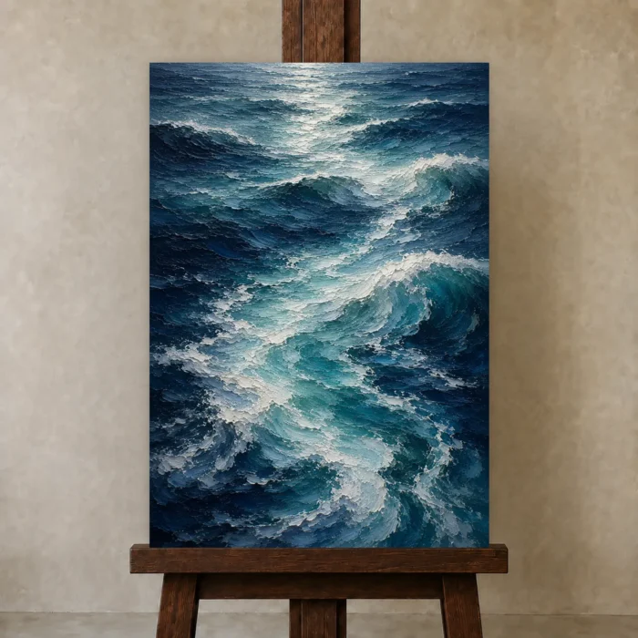 Serene Blue Ocean Currents Wall Art Canvas Print displayed on a studio easel