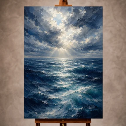 Luminous blue Ocean Wall Art print featuring an open sea beneath dramatic clouds with shimmering reflections for elegant interiors