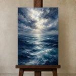 Luminous Open Sea Ocean Wall Art Canvas Print displayed on a studio easel