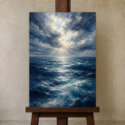 Luminous Open Sea Ocean Wall Art Canvas Print shown in Studio Easel