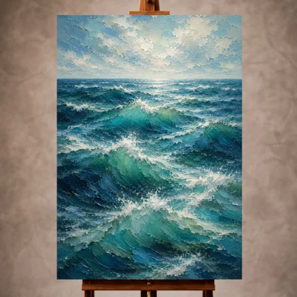 Emerald blue Ocean Wall Art print featuring rhythmic ocean swells with sparkling sea spray for elegant interiors
