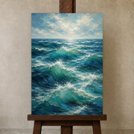 Emerald Blue Ocean Swells Wall Art Canvas Print shown in Studio Easel