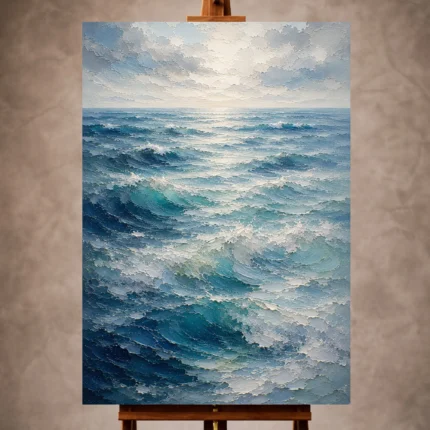 Tranquil blue Ocean Wall Art print featuring layered waves fading into a distant horizon for elegant interiors