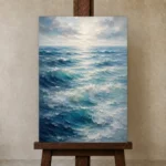Tranquil Layered Ocean Wall Art Canvas Print displayed on a studio easel