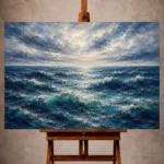 Luminous blue Ocean Wall Art print featuring rolling waves beneath layered coastal clouds for elegant interiors