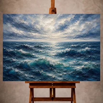 Luminous blue Ocean Wall Art print featuring rolling waves beneath layered coastal clouds for elegant interiors