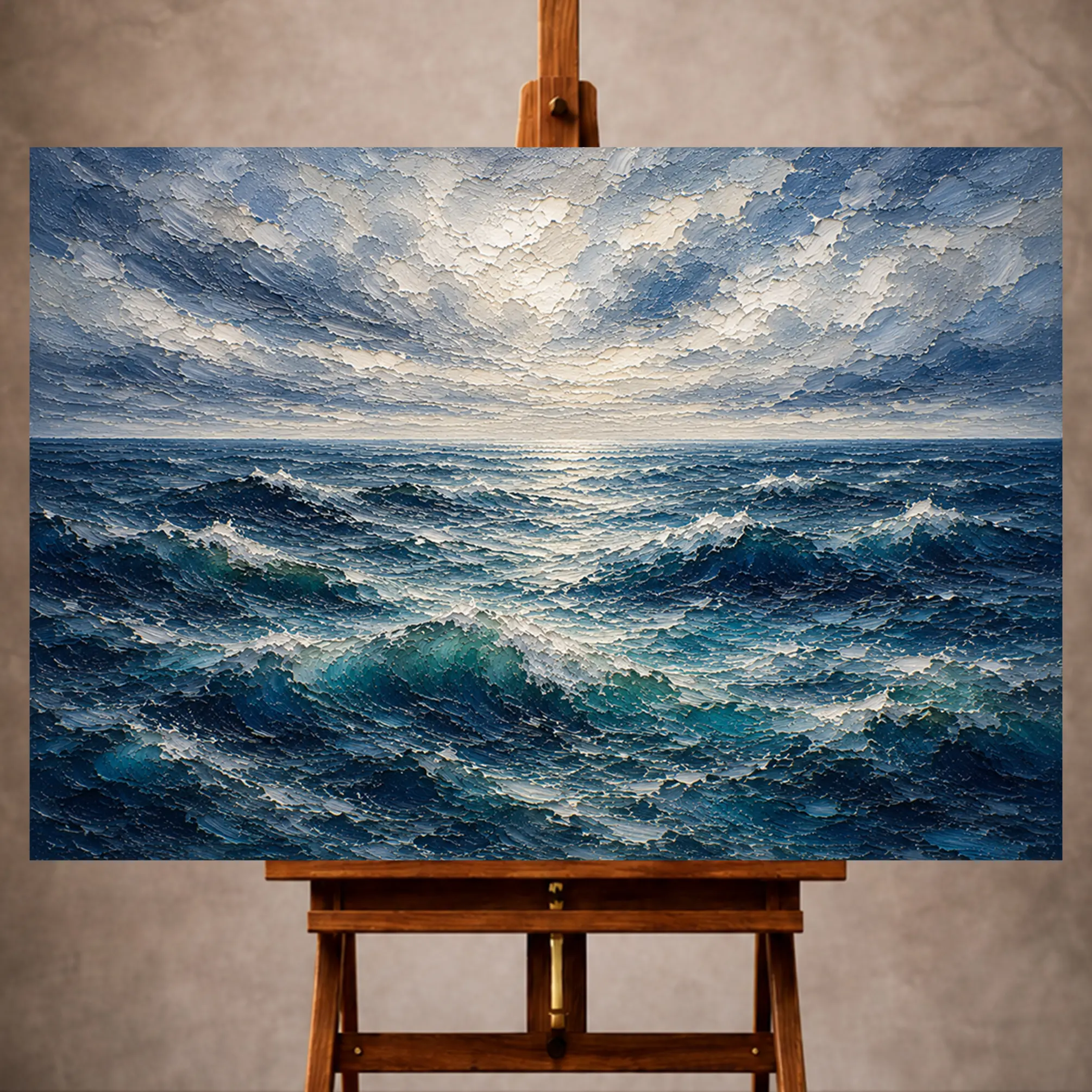Premium Wall Art Yatay Html Edition – SEAWALL026 Image 1 Luminous blue Ocean Wall Art print featuring rolling waves beneath layered coastal clouds for elegant interiors