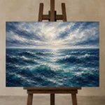 Luminous Horizon Ocean Wall Art Canvas Print displayed on a studio easel
