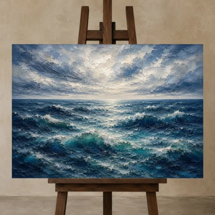 Luminous Horizon Ocean Wall Art Canvas Print displayed on a studio easel