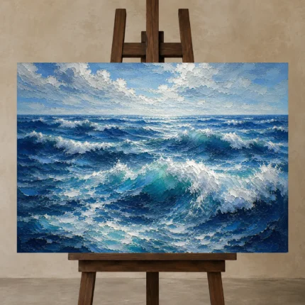 Sapphire Ocean Swells Wall Art Canvas Print displayed on a studio easel