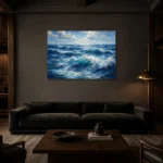Sapphire Ocean Swells Wall Art Canvas Print shown in a warm modern interior