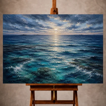 Twilight blue Ocean Wall Art print featuring an open sea with distant reef formations beneath shimmering evening light for elegant interiors