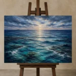 Twilight Ocean Horizon Wall Art Canvas Print displayed on a studio easel