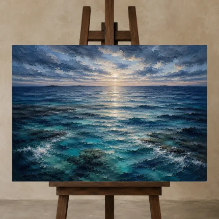 Twilight Ocean Horizon Wall Art Canvas Print displayed on a studio easel
