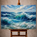 Sunlit blue Ocean Wall Art print featuring magnificent cresting waves across an endless ocean panorama for elegant interiors