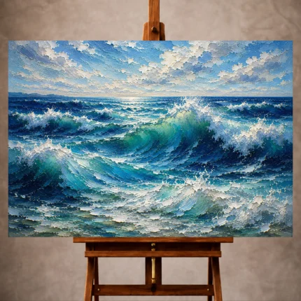 Sunlit blue Ocean Wall Art print featuring magnificent cresting waves across an endless ocean panorama for elegant interiors