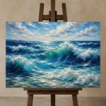 Sunlit Cresting Ocean Waves Wall Art Canvas Print displayed on a studio easel