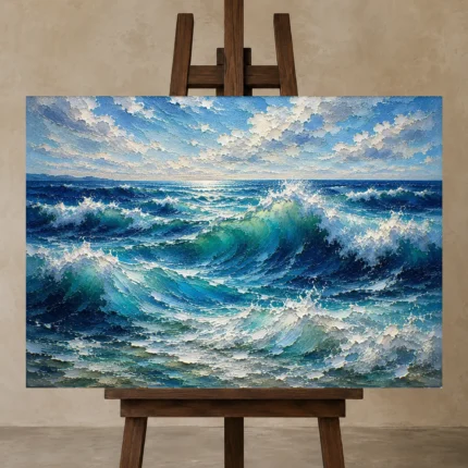 Sunlit Cresting Ocean Waves Wall Art Canvas Print displayed on a studio easel