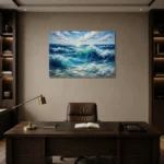 Sunlit Cresting Ocean Waves Wall Art Canvas Print displayed in a contemporary gallery-inspired room