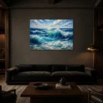 Sunlit Cresting Ocean Waves Wall Art Canvas Print shown in a warm modern interior