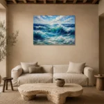 Sunlit Cresting Ocean Waves Wall Art Canvas Print presented in a sophisticated home setting