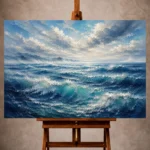 Misty blue Ocean Wall Art print featuring layered ocean waves with rising sea mist beneath an expansive sky for elegant interiors