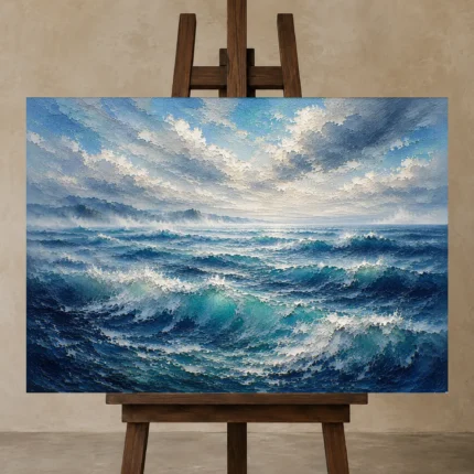 Misty Ocean Panorama Wall Art Canvas Print displayed on a studio easel
