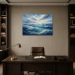 Misty Ocean Panorama Wall Art Canvas Print displayed in a contemporary gallery-inspired room