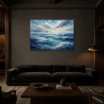 Misty Ocean Panorama Wall Art Canvas Print shown in a warm modern interior