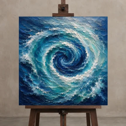 Sapphire Ocean Currents Wall Art Canvas Print displayed on a studio easel