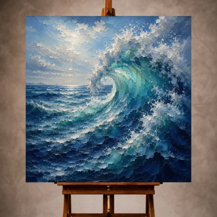 Cobalt and teal Ocean Wall Art print featuring a monumental cresting wave with luminous sea foam for elegant interiors