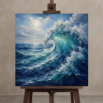 Cobalt Cresting Wave Ocean Wall Art Canvas Print displayed on a studio easel