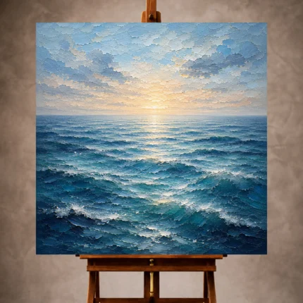 Luminous blue Ocean Wall Art print featuring a tranquil dawn sea with gentle waves and shimmering reflections for elegant interiors