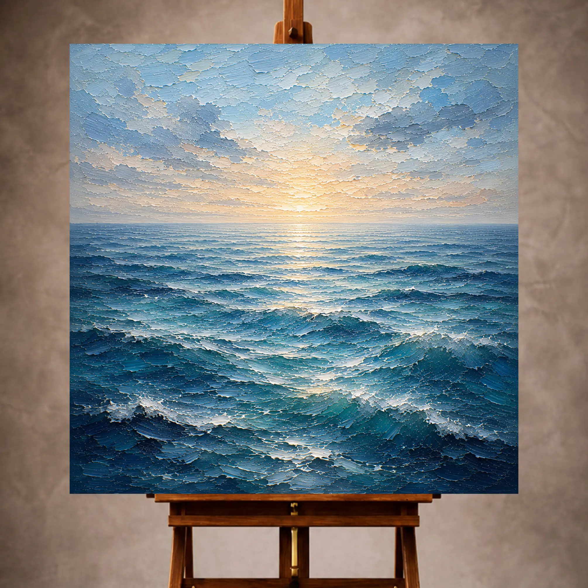Premium Wall Art Kare Html Edition – SEAWALL033 Image 1 Luminous blue Ocean Wall Art print featuring a tranquil dawn sea with gentle waves and shimmering reflections for elegant interiors