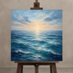 Luminous Dawn Ocean Wall Art Canvas Print displayed on a studio easel