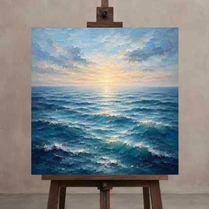 Luminous Dawn Ocean Wall Art Canvas Print displayed on a studio easel