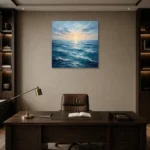 Luminous Dawn Ocean Wall Art Canvas Print displayed in a contemporary gallery-inspired room