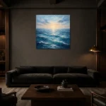 Luminous Dawn Ocean Wall Art Canvas Print shown in a warm modern interior