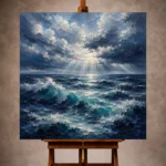 Dramatic blue Ocean Wall Art print featuring rolling ocean swells beneath towering clouds with shafts of light for elegant interiors