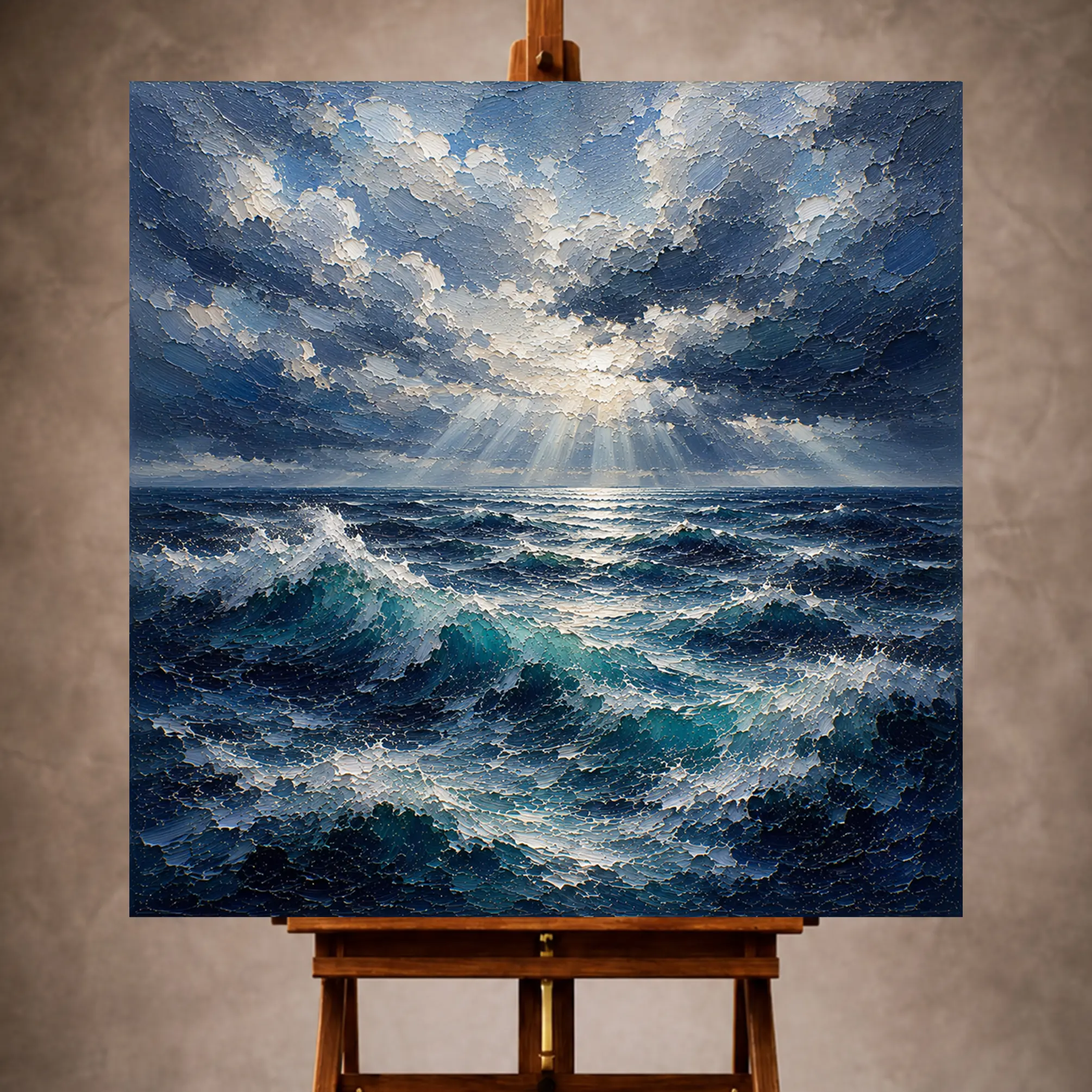 Premium Wall Art Kare Html Edition – SEAWALL034 Image 1 Dramatic blue Ocean Wall Art print featuring rolling ocean swells beneath towering clouds with shafts of light for elegant interiors