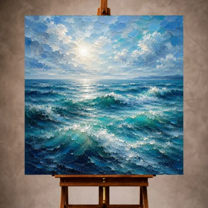 Emerald blue Ocean Wall Art print featuring flowing waves with shimmering reflections beneath a luminous sky for elegant interiors