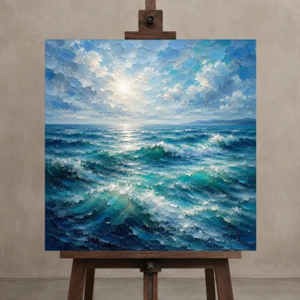 Emerald Blue Ocean Waves Wall Art Canvas Print shown in Studio Easel