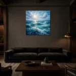 Emerald Blue Ocean Waves Wall Art Canvas Print shown in a warm modern interior