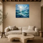 Emerald Blue Ocean Waves Wall Art Canvas Print presented in a sophisticated home setting