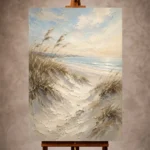 Serene neutral Beach Wall Art print featuring rolling coastal sand dunes, beach grasses, and a tranquil shoreline for elegant interiors