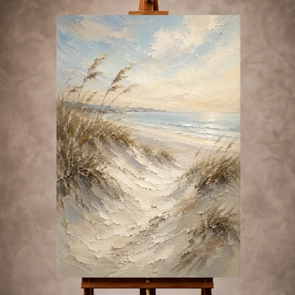 Serene neutral Beach Wall Art print featuring rolling coastal sand dunes, beach grasses, and a tranquil shoreline for elegant interiors