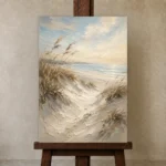 Serene Coastal Dunes Beach Wall Art Canvas Print displayed on a studio easel